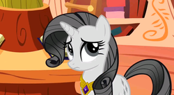 Size: 640x350 | Tagged: safe, screencap, rarity, pony, unicorn, g4, my little pony: friendship is magic, the return of harmony, bust, confused, element of generosity, female, golden oaks library, greedity, jewelry, mare, necklace, solo, statue