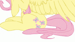 Size: 480x270 | Tagged: safe, artist:skitea, edit, fluttershy, pegasus, pony, g4, animated, breaking the fourth wall, cute, cutie mark background, female, frame by frame, horses are sexy, mare, shy, shyabetes, solo, wings, youtube link
