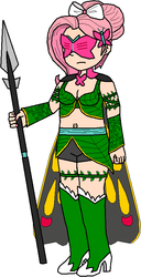Size: 432x841 | Tagged: safe, artist:wolf, fluttershy, human, g4, alternate clothes, alternate hairstyle, belly button, bow, cape, clothes, hairpin, humanized, leaves, mask, midriff, spear, superhero, vine, weapon