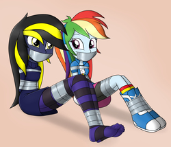 Size: 1400x1200 | Tagged: safe, artist:nivek15, rainbow dash, oc, oc:shadow thunder, equestria girls, g4, arm behind back, bondage, boots, clothes, compression shorts, duct tape, equestria girls-ified, feet, female, gag, hands behind back, help us, looking at each other, missing shoes, pantyhose, shoes, shorts, skirt, socks, striped pantyhose, tape bondage, tape gag, upskirt denied
