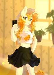 Size: 1280x1763 | Tagged: safe, artist:thenightdarksecret, oc, oc only, anthro, arm fluff, cellphone, cheek fluff, clothes, cute, ear fluff, elbow fluff, female, looking at you, midriff, phone, pleated skirt, selfie, shoulder fluff, signature, skirt, smiling, solo, tank top