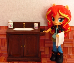 Size: 1764x1500 | Tagged: safe, artist:whatthehell!?, sunset shimmer, equestria girls, g4, bathroom, boots, clothes, doll, dress, equestria girls minis, faucet, furniture, irl, jacket, pants, photo, shoes, sink, towel, toy, victorian