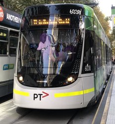 Size: 694x749 | Tagged: safe, artist:naijiwizard, starlight glimmer, g4, frown, irl, melbourne, melbourne e-class tram, one ear down, photo, ponies in real life, tram