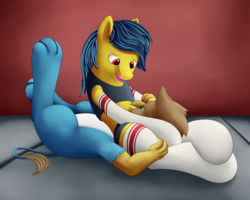 Size: 5000x4000 | Tagged: safe, artist:fauxstealth, griffon, pony, clothes, domination, female, femdom, headscissors, mare, on back, on top, socks, sports, stockings, thigh highs, wrestling
