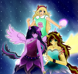 Size: 2092x2010 | Tagged: safe, artist:marcyeveret, sunset shimmer, twilight sparkle, equestria girls, g4, bracelet, bruised, clothes, crossover, cutie mark, cutie mark on equestria girl, dress, female, high res, holding hands, horn, horned humanization, jewelry, lesbian, ponied up, ship:sunsetsparkle, shipping, spiked wristband, star butterfly, star vs the forces of evil, studded bracelet, wristband