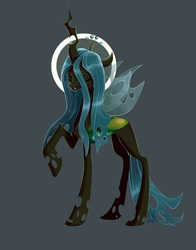 Size: 883x1125 | Tagged: safe, artist:dumddeer, queen chrysalis, changeling, changeling queen, g4, crown, eyes closed, female, gray background, halo, jewelry, raised hoof, regalia, simple background, solo