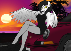 Size: 1280x930 | Tagged: source needed, safe, artist:maximus, edit, oc, oc only, oc:carrera sky, pegasus, anthro, plantigrade anthro, black dress, breasts, car, cleavage, clothes, digital art, dress, female, high heels, little black dress, looking at you, mare, pinup, porsche, porsche 911, shoes, sitting, solo, sun, sunset