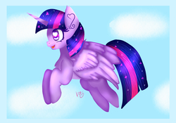 Size: 5000x3500 | Tagged: safe, artist:sweethearts11, twilight sparkle, alicorn, pony, g4, absurd resolution, cloud, ethereal mane, female, flying, heart eyes, solo, starry mane, twilight sparkle (alicorn), wingding eyes