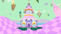 Size: 1440x810 | Tagged: safe, screencap, g4, the return of harmony, carousel boutique, chaos, discorded landscape, floating island, green sky, no pony, umbrella