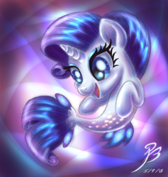 Size: 2015x2123 | Tagged: safe, artist:angelbeedrawings, rarity, seapony (g4), unicorn, g4, my little pony: the movie, abstract background, blue eyes, blue mane, blue tail, bubble, crepuscular rays, cute, digital art, dorsal fin, eyelashes, eyeshadow, female, fin, fish tail, flowing mane, flowing tail, gem, glowing, happy, high res, horn, makeup, mare, ocean, open mouth, open smile, scales, seaponified, seapony rarity, seaquestria, signature, smiling, solo, species swap, swimming, tail, transformation, underwater, water, wings