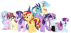 Size: 2048x949 | Tagged: safe, editor:php77, moondancer, mystery mint, princess ember, princess skystar, silverstream, starlight glimmer, sunset shimmer, twilight sparkle, violet blurr, alicorn, classical hippogriff, dragon, hippogriff, pony, seapony (g4), unicorn, g4, my little pony: the movie, dragoness, female, mare, prone, raised hoof, simple background, transparent background, twilight sparkle (alicorn)