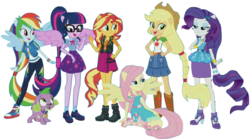 Size: 1694x939 | Tagged: safe, dhx media, editor:php77, applejack, fluttershy, pinkie pie, rainbow dash, rarity, sci-twi, spike, spike the regular dog, sunset shimmer, twilight sparkle, dog, equestria girls, g4, my little pony equestria girls: better together, allspark, allspark (hasbro brand), allspark animation, allspark pictures, converse, hasbro, hasbro studios, humane five, humane six, ponied up, sci-twilicorn, shoes, simple background, sneakers, theme song, transparent background, wildbrain