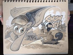 Size: 1024x768 | Tagged: safe, artist:andy price, rainbow dash, scootaloo, pegasus, pony, g4, andy you magnificent bastard, duo, female, filly, flying, grayscale, helmet, implied sweetie belle, mare, monochrome, scooter, smiling, traditional art