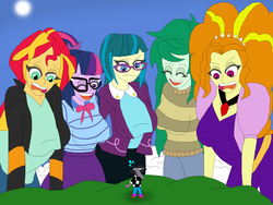 Size: 1700x1279 | Tagged: safe, artist:final7darkness, adagio dazzle, juniper montage, sci-twi, sunset shimmer, twilight sparkle, wallflower blush, oc, oc:checkerboard, equestria girls, equestria girls specials, g4, my little pony equestria girls: better together, my little pony equestria girls: forgotten friendship, my little pony equestria girls: rainbow rocks, bowtie, breasts, clothes, equestria girls-ified, eyes closed, female, frown, giantess, glasses, jacket, laughing, leather jacket, macro, one eye closed, open mouth, pick one, skirt, wink