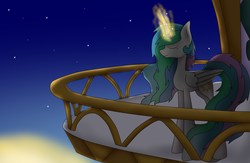 Size: 4599x3001 | Tagged: safe, artist:vicakukac200, princess celestia, alicorn, pony, g4, balcony, female, glowing horn, horn, mare, missing accessory, morning ponies, solo, twilight (astronomy)