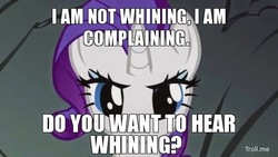 Size: 550x310 | Tagged: source needed, useless source url, safe, edit, edited screencap, screencap, rarity, pony, a dog and pony show, g4, female, looking at you, meme, obtrusive text, solo, this will not end well, whining, writing