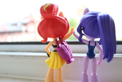Size: 6000x4000 | Tagged: safe, artist:artofmagicpoland, sci-twi, sunset shimmer, twilight sparkle, equestria girls, g4, my little pony equestria girls: better together, bag, clothes, cute, doll, equestria girls minis, female, high five, irl, photo, ponytail, rear view, swimsuit, toy