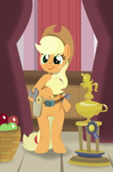 Size: 582x880 | Tagged: artist needed, safe, applejack, earth pony, pony, applebuck season, g4, apple, bipedal, female, food, lineless, prized pony of ponyville award, smiling, solo, stage, trophy, wrench