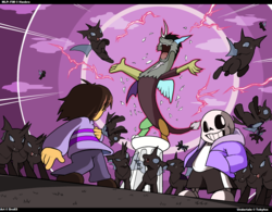 Size: 1288x1004 | Tagged: safe, artist:droll3, discord, changeling, draconequus, human, g4, bone, clothes, crossover, fight, frisk, hand in pocket, hoodie, open mouth, sans (undertale), skeleton, undertale