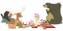 Size: 10496x5200 | Tagged: safe, artist:dragonchaser123, angel bunny, fluttershy, bear, bird, buzzard, chipmunk, deer, mouse, pony, squirrel, tortoise, g4, absurd resolution, animal, doe, eating, eyes closed, female, mare, picnic blanket, simple background, stag, transparent background, vector