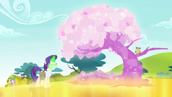 Size: 1280x720 | Tagged: safe, screencap, owlowiscious, rarity, spike, bird, dragon, owl, pony, unicorn, g4, inspiration manifestation, season 4, crystal, crystal flower, crystal tree, dark magic, female, glowing eyes, glowing horn, gold, golden road, grin, horn, inspirarity, magic, male, mare, possessed, smiling, tree, trio