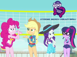 Size: 1200x886 | Tagged: safe, edit, screencap, applejack, pinkie pie, rarity, sci-twi, twilight sparkle, equestria girls, equestria girls specials, g4, my little pony equestria girls: better together, my little pony equestria girls: forgotten friendship, applejack's beach shorts swimsuit, applejack's hat, clothes, cowboy hat, dead or alive, equestria girls logo, geode of shielding, geode of super strength, geode of telekinesis, glasses, hat, magical geodes, midriff, one-piece swimsuit, pinkie pie swimsuit, ponytail, rarity's blue sarong, rarity's purple bikini, sarong, sci-twi swimsuit, shorts, sun hat, swimsuit, volleyball net