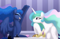Size: 1466x945 | Tagged: safe, artist:faith-wolff, princess celestia, princess luna, alicorn, pony, g4, crown, cup, duo, duo female, eyes closed, female, food, hooves together, jewelry, mare, missing accessory, open mouth, open smile, pancakes, regalia, royal sisters, sisters, smiling, teacup