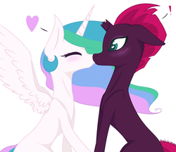 Size: 1480x1280 | Tagged: safe, artist:xandriascript, princess celestia, tempest shadow, alicorn, pony, unicorn, g4, my little pony: the movie, broken horn, duo, exclamation point, female, horn, kiss on the lips, kissing, lesbian, mare, shipping, simple background, surprise kiss, tempestia, white background