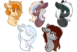 Size: 3000x2048 | Tagged: safe, artist:cinnamontee, oc, oc only, oc:blanche, oc:butterscotch, oc:clarissa, oc:raspberry ink, oc:winter lullaby, earth pony, pegasus, pony, unicorn, bust, female, heart, high res, mare, portrait, simple background, transparent background