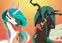 Size: 1280x886 | Tagged: safe, artist:probablyfakeblonde, princess celestia, queen chrysalis, alicorn, changeling, changeling queen, pony, g4, bedroom eyes, duo, eating, female, heart, holes, licking, licking lips, mare, orange background, simple background, tongue out, wings