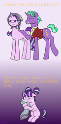 Size: 1270x2560 | Tagged: safe, artist:hayley566, firelight, starlight glimmer, pony, unicorn, g4, my little pony: friendship is magic, the parent map, babushka, clothes, father and daughter, feels, female, filly, filly starlight glimmer, gradient background, headscarf, male, mare, purple background, regret, scarf, simple background, stallion, younger