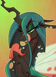 Size: 1000x1360 | Tagged: safe, artist:probablyfakeblonde, queen chrysalis, changeling, changeling queen, g4, bedroom eyes, eating, eyeshadow, fangs, female, green eyes, heart, holes, licking, licking lips, makeup, solo, tongue out, wings