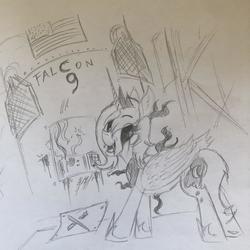 Size: 3024x3024 | Tagged: artist needed, safe, artist:anonymous, princess luna, alicorn, pony, loony luna, g4, black sclera, falcon 9, fangs, female, game boy, high res, monochrome, rocket, s1 luna, sabotage, smiling, solo, spacex, traditional art, wires