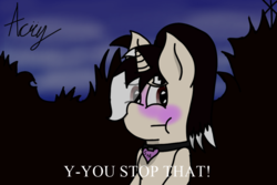 Size: 1024x684 | Tagged: safe, artist:acrylicbristle, oc, oc only, oc:acrylic bristle, pony, bangs, blushing, blushing profusely, cloud, cloudy, collar, femboy, flustered, forest, forest background, girly, male, meme, night, ponytail, signature, solo, stallion, text, you stop that