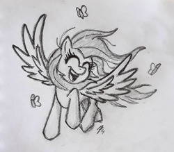 Size: 1080x944 | Tagged: safe, fluttershy, butterfly, pegasus, pony, g4, eyes closed, female, happy, mare, monochrome, sketch, solo, traditional art