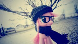 Size: 1024x576 | Tagged: safe, artist:sugarfreetargets, pinkie pie, g4, brushable, clothes, glasses, hat, hipster, irl, photo, scarf, toy
