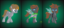 Size: 4000x1753 | Tagged: safe, artist:lakword, oc, oc:inkbolt, oc:scribbles, changeling, pegasus, pony, disguise, disguised changeling, grin, happy, smiling, standing, transformation