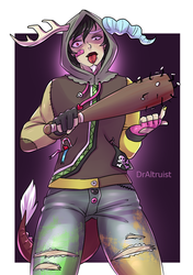 Size: 635x900 | Tagged: safe, artist:draltruist, discord, bat, human, g4, bandaid, clothes, facial hair, fingerless gloves, gloves, goatee, hoodie, horn, horned humanization, humanized, looking at you, male, open mouth, pants, solo, speedpaint available, tailed humanization, tongue out, torn clothes