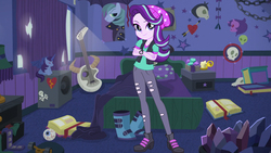 Size: 1280x720 | Tagged: safe, artist:rodan00, edit, edited screencap, screencap, starlight glimmer, bat pony alicorn, equestria girls, equestria girls specials, g4, mirror magic, the parent map, bad guitar anatomy, beanie, bed, bedroom, bloodshot eyes, book, boots, chains, clothes, crossed arms, crystal, edgelight glimmer, eyeball, eyeliner, female, goth, guitar, hat, it's not a phase, it's not a phase mom it's who i am, kite, legs, looking at you, makeup, musical instrument, pants, plushie, poster, ripped pants, shoes, simple background, skateboard, skull, smiling, solo, starlight's room, stock vector, vector, watch, wristwatch