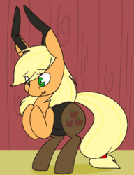 Size: 480x625 | Tagged: artist needed, source needed, safe, edit, applejack, earth pony, pony, g4, bunny ears, bunny suit, clothes, embarrassed, female, freckles, leotard, mare, pantyhose, scrunchy face, solo