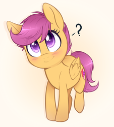 Size: 900x997 | Tagged: safe, artist:higglytownhero, scootaloo, pegasus, pony, g4, blushing, cute, cutealoo, eye clipping through hair, female, filly, foal, folded wings, head tilt, looking up, question mark, raised leg, simple background, smiling, solo, the cmc's cutie marks, white background, wings, yellow background