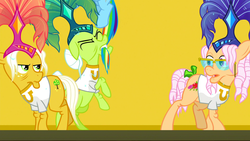 Size: 1920x1080 | Tagged: safe, screencap, apple rose, goldie delicious, granny smith, rainbow dash, earth pony, pony, g4, grannies gone wild, biting, clothes, elderly, feather hat, female, mare, rearing, shirt, showgirl, t-shirt, tail, tail bite, tail pull