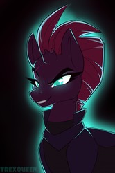 Size: 850x1280 | Tagged: safe, artist:trexqueen, tempest shadow, pony, unicorn, g4, my little pony: the movie, broken horn, evil, evil smile, eye scar, female, glowing, glowing eyes, grin, horn, scar, smiling