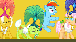 Size: 1920x1080 | Tagged: safe, screencap, apple rose, goldie delicious, granny smith, rainbow dash, earth pony, pegasus, pony, g4, grannies gone wild, biting, clothes, elderly, feather hat, female, mare, shirt, showgirl, t-shirt, tail, tail bite, tail pull