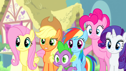 Size: 1920x1080 | Tagged: safe, screencap, applejack, fluttershy, pinkie pie, rainbow dash, rarity, spike, dragon, earth pony, pegasus, pony, unicorn, g4, twilight's kingdom, female, male, mare, ponyville