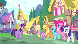 Size: 1920x1080 | Tagged: safe, screencap, applejack, fluttershy, pinkie pie, rainbow dash, rarity, spike, twilight sparkle, alicorn, dragon, earth pony, pegasus, pony, unicorn, g4, twilight's kingdom, female, male, mane seven, mane six, mare, ponyville, twilight sparkle (alicorn)