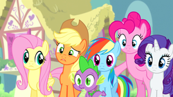 Size: 1920x1080 | Tagged: safe, screencap, applejack, fluttershy, pinkie pie, rainbow dash, rarity, spike, dragon, earth pony, pegasus, pony, unicorn, g4, twilight's kingdom, animation error, female, male, mare