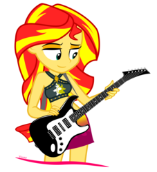 Size: 1000x1101 | Tagged: safe, artist:uliks-uliks, sunset shimmer, equestria girls, equestria girls series, forgotten friendship, g4, clothes, electric guitar, female, guitar, musical instrument, simple background, solo, swimsuit, white background