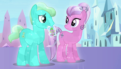 Size: 1266x720 | Tagged: safe, screencap, bright smile, castle (crystal pony), elbow grease, paradise (g4), spike, crystal pony, pony, equestria games (episode), g4, background pony, confused, crystal empire, duo, female, looking at each other, male, mare, mouth hold, photo, stallion