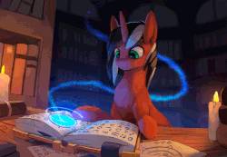 Size: 800x553 | Tagged: safe, artist:rodrigues404, oc, oc only, oc:phantom, pony, unicorn, animated, book, candle, cinemagraph, commission, gif, magic, magical artifact, solo
